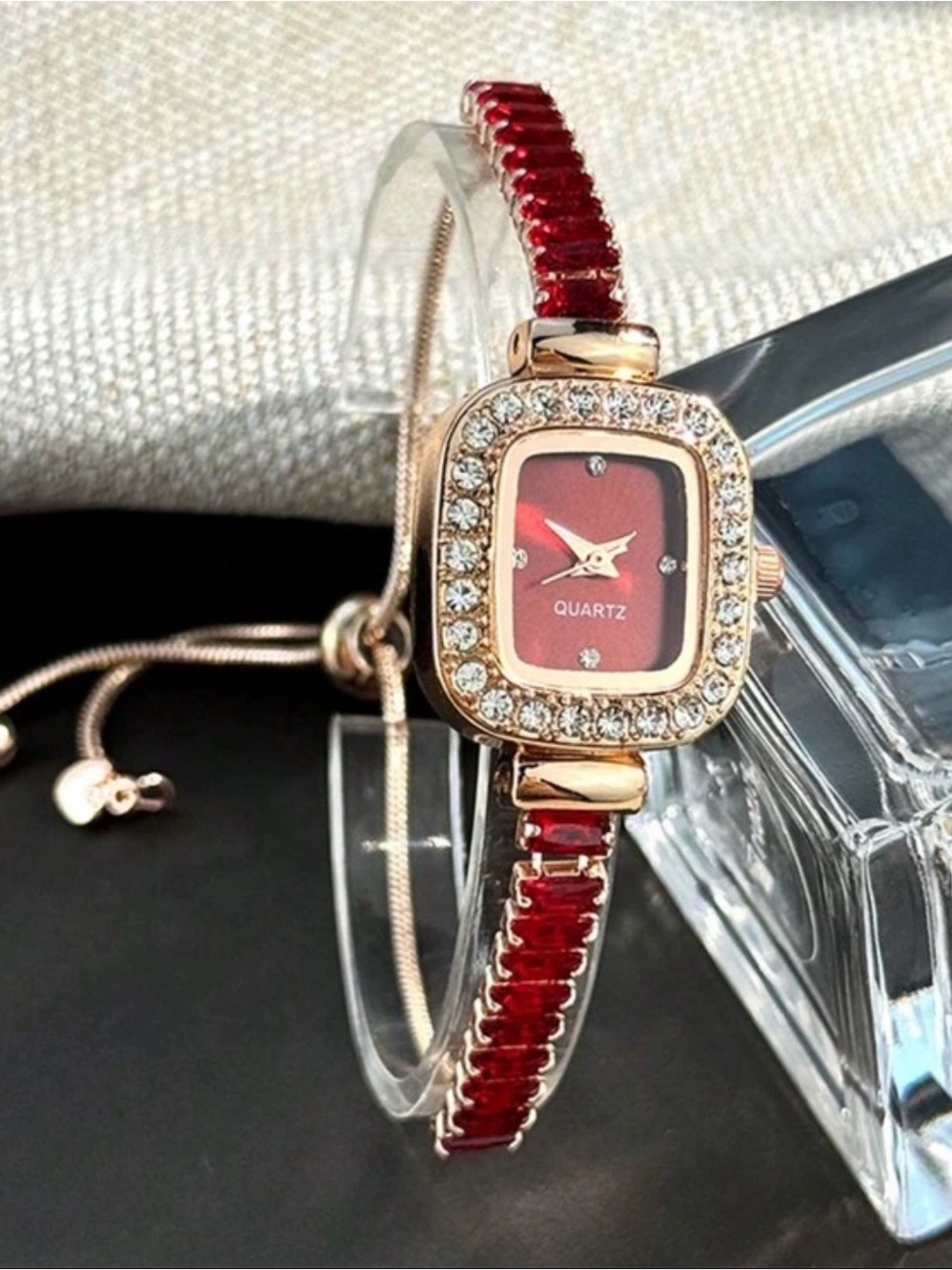 Red Crystal Rhinestone Gold-Tone Quartz Watch - Picture 2 of 2